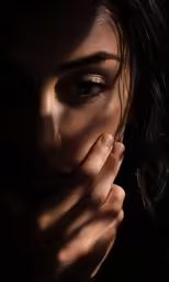 a woman with black makeup holding her hands together