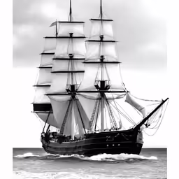black and white image of the sailing vessel with sails
