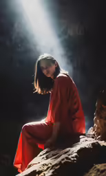 a girl sitting on a rock looking at the camera