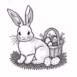 a black and white rabbit sitting with a basket full of eggs,easter coloring pages printable bunny coloring page,a bunny with a basket of eggs in it,a bunny and basket of easter eggs,easter bunny sitting in the grass near eggs