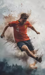 a man wearing a red jersey with his arms outstretched as he kicks a soccer ball into the air
