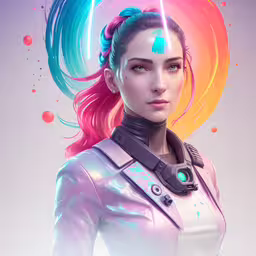 an artwork work of a futuristic woman wearing space suits,a woman wearing a futuristic outfit and sci glasses
