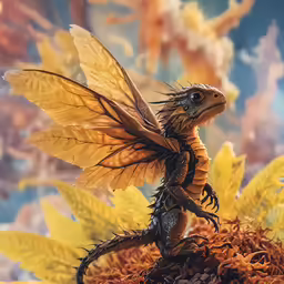 an animal with large wings standing on some brown and yellow flowers