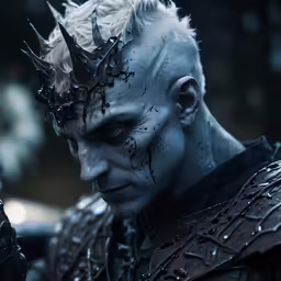 a male in armor has his hands up