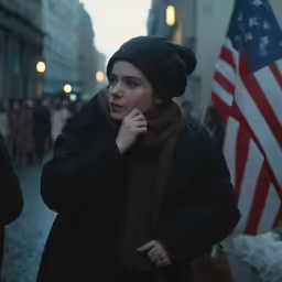 a woman is standing outside in a cold city