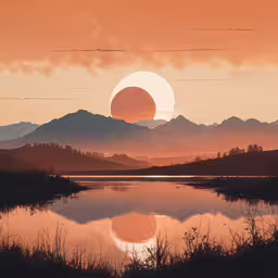 a full moon rising over mountains with a lake below,a beautiful sunset reflecting in the still water