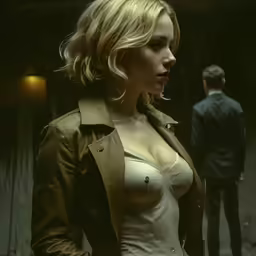 the young woman in her leather jacket is posed with a man behind