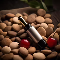 an elegant perfume bottle sits atop a pile of rocks with cherries