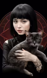 a girl in a black leather jacket holds a cat