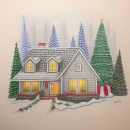 a house decorated with evergreen trees and other holiday decorations,a drawing of a house with christmas decorations in front,a colored drawing of a house with christmas trees,a drawing of a home in front of a christmas tree,a drawing of a house in the snow