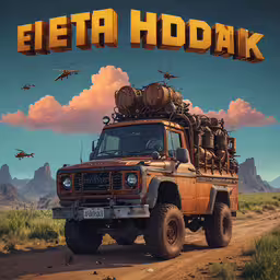 a truck that has a bunch of bags on top of it,a large brown truck on top of a dirt road