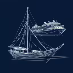 a blueprinted drawing of two sailing boats