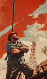 a man is holding onto a high wire