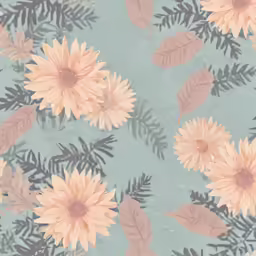 some flowers on a blue surface with leaves