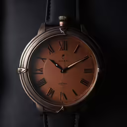 an old style watch with roman numerals and black leather strap