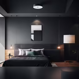 a bed in a room with black walls and wood accents