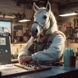 there is a horse that is standing at a computer