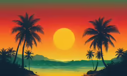 a painting depicting a tropical setting with palm trees and a sunset