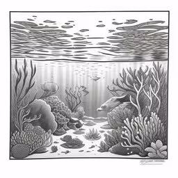 an illustration shows the underwater scene and fish