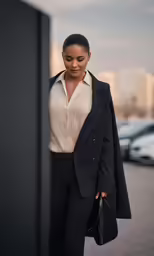 a woman in a black suit and white sweater standing on a sidewalk