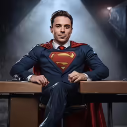 a man with a superman shirt sitting at a desk