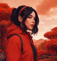 the animation has an adult female with short dark hair and black eyes,a woman is wearing red and has an umbrella on her head