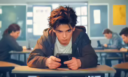 a boy at the table is looking at a cell phone