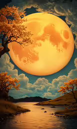 a painting of a large full moon over a river