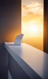 an illuminated electronic device is resting on the edge of a wall
