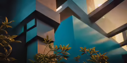 some leaves and plants against a blue wall