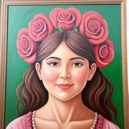 a painting with many red roses around it,a woman with flowers on her head and an image in the frame