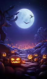 there are pumpkins lit up on the ground near a moon
