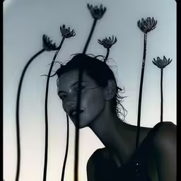 a woman with her face covered by long stems,a woman posing with long grass in front of her face