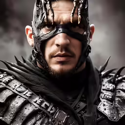 a man dressed as a warrior with a huge crown on his head