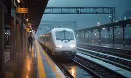 a man is standing on the platform as a train leaves