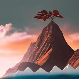 a red and gold art piece of a mountain with a tree on top