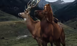 a woman is on the back of a deer in a field