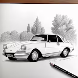 a drawing of a white car in a field,a white car drawing next to a colored pencil