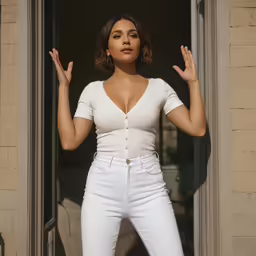 woman in white jeans and shirt standing in a doorway with her hands in the air