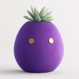the small round purple planter with gold coins is shown