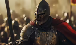 knight in full armor standing among large crowd