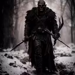 a man in a warrior outfit and mask with a bow is holding two hunting weapons
