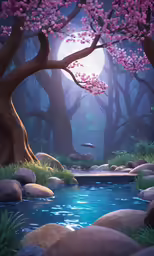 the landscape has rocks, a river, and trees in it