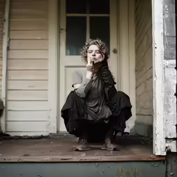 a woman dressed in black squatting on a porch