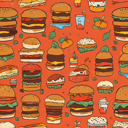 a very big pattern of hamburgers with different toppings,an illustrated of hamburgers on orange background