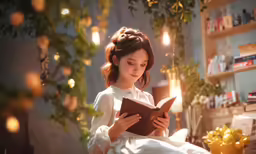 an asian girl reading a book in the morning