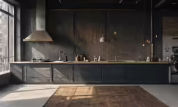 a kitchen with wood floors, walls and appliances