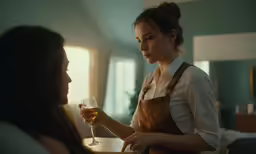 a woman in an apron holding up a glass of wine
