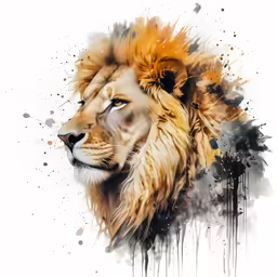 a watercolor painting of a lion with a brown mane