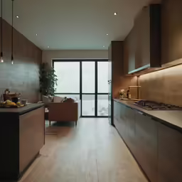 a wooden kitchen with a lot of dark cabinets and a big glass door